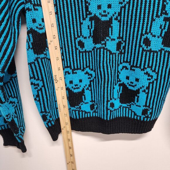 Vintage 80s Adele Knitwear Teddy Bear Sweater Size M Blue Allover Print Retro - Picture 8 of 10